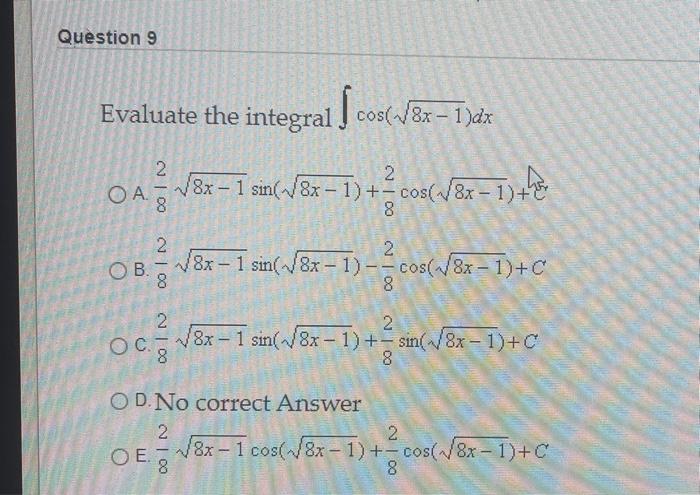 Question 9 Evaluate The Integral Co 1 8x 1 Dx 2 2 Chegg Com