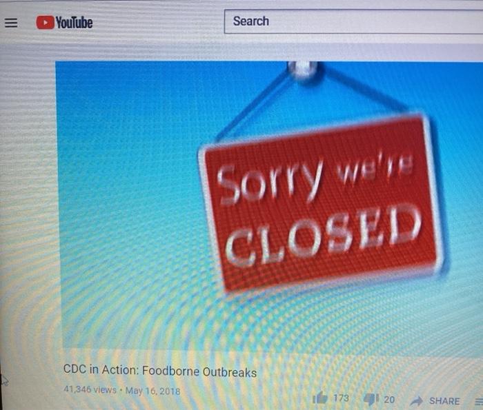 YouTube Search Sorry were CLOSED CDC in Action: Foodborne Outbreaks 41,346 views • May 16, 2018 173 120 SHARE