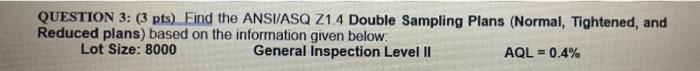 Solved QUESTION 3: (3 pts) Find the ANSI/ASQ Z1.4 Double | Chegg.com