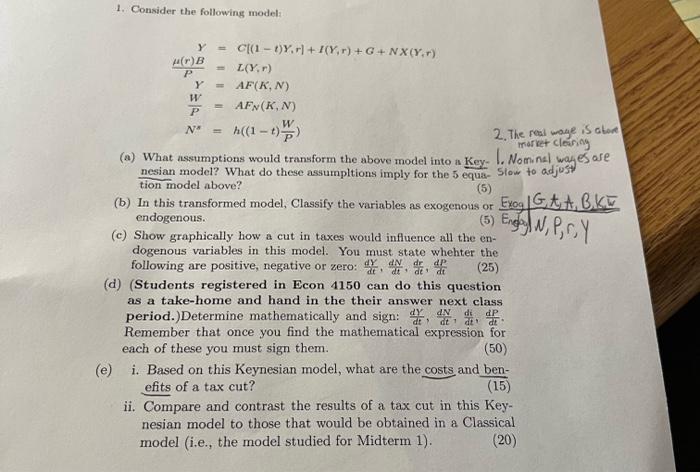 Solved 1. Consider The Following Model: | Chegg.com