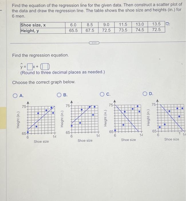 Solved Find the equation of the regression line for the | Chegg.com