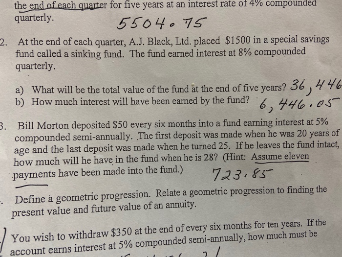 Solved the end of each quarter for five years at an interest | Chegg.com