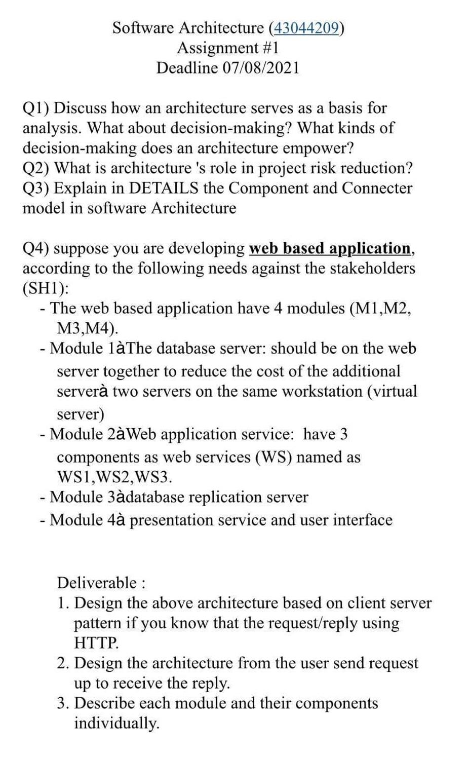 Solved Software Architecture (43044209) Assignment #1 | Chegg.com