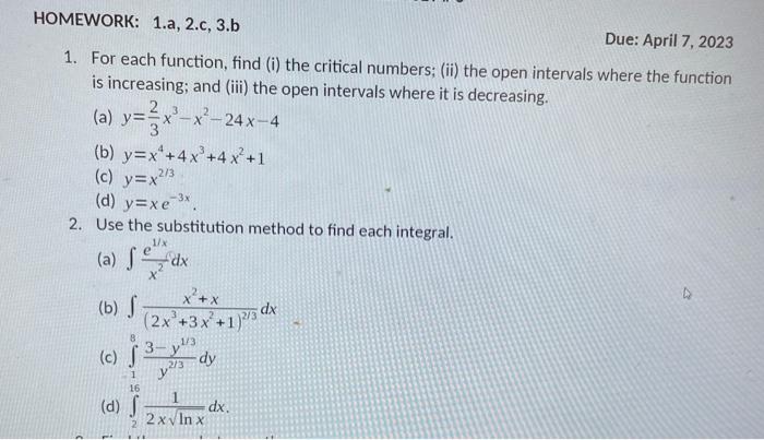 Solved 1. For each function, find (i) the critical numbers; | Chegg.com