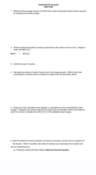 TITRATION OF AN ACID ANALYSIS 1. Determine the | Chegg.com