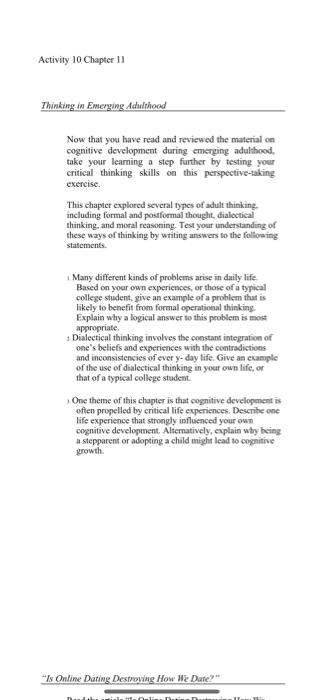 Activity 10 Chapter 11 Thinking in Emerging Adulthood | Chegg.com
