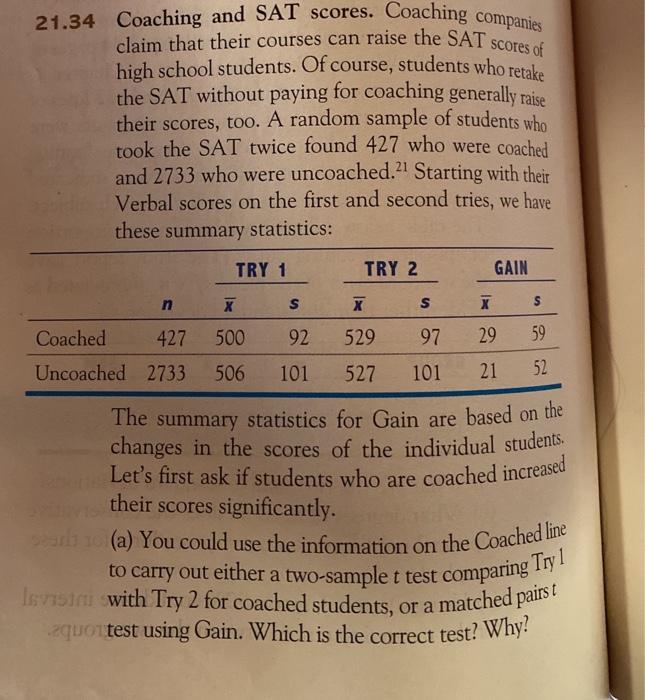 Solved 21 36 Coaching And Sat Scores Critique The Data Chegg Com