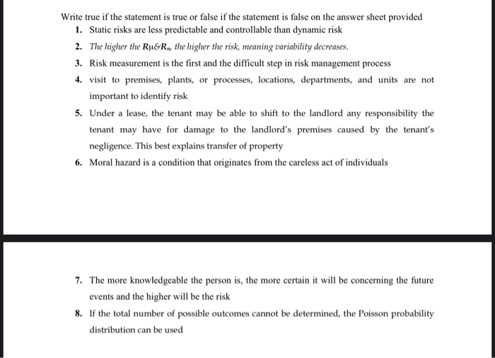 Solved Write true if the statement is true or false if the | Chegg.com