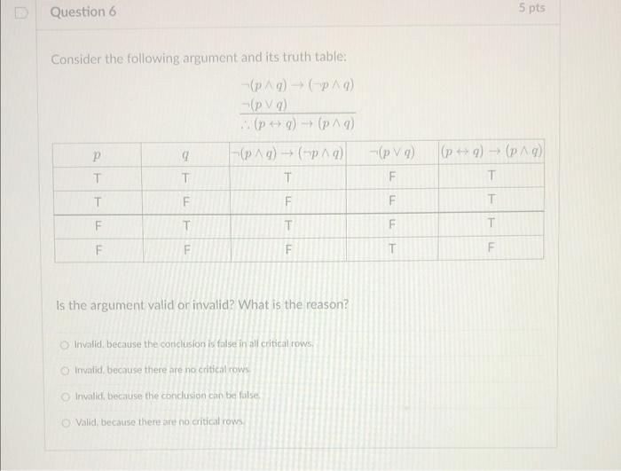 Solved Question 6 5 pts Consider the following argument and | Chegg.com