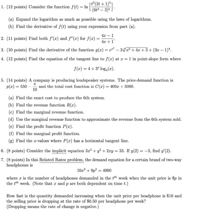 Solved st (2t +1)] 1. (12 points) Consider the function f(t) | Chegg.com