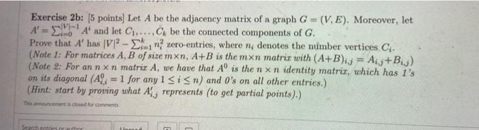 Solved Exercise 2b: (5 points) Let A be the adjacency matrix | Chegg.com