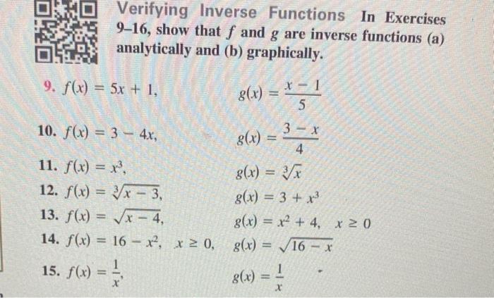 Solved Verifying Inverse Functions In Exercises 9-16, show | Chegg.com