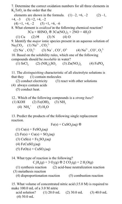 Solved 7. Determine the correct oxidation numbers for all | Chegg.com