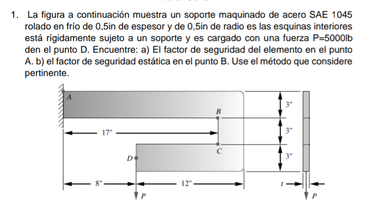 La figura a continuación muestra un soporte maquinado de acero SAE 1045 rolado en frío de 0,5 in de espesor y de 0,5in de rad