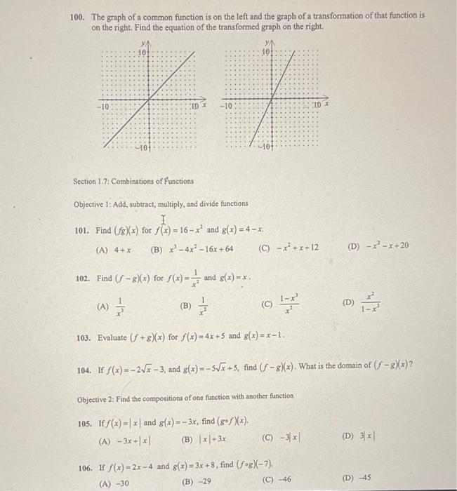 Solved 100. The graph of a common function is on the left | Chegg.com