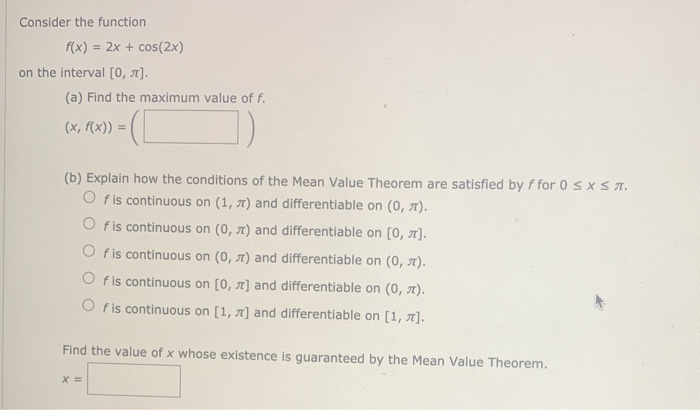 Solved Consider the function f(x) = 2x + cos(2x) on the | Chegg.com