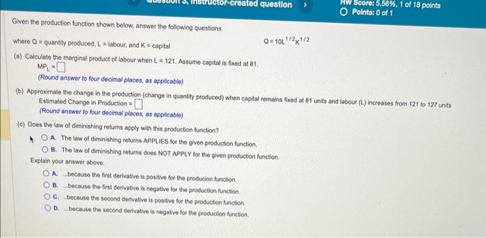 Solved Given the production function and price function | Chegg.com