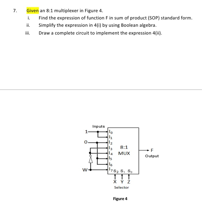 Solved 7. Given an 8:1 multiplexer in Figure 4. i. Find the | Chegg.com