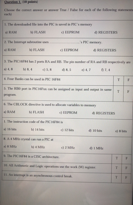 Solved Question 1. (10 points) Choose the correct answer or | Chegg.com