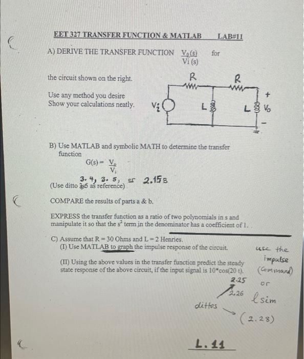 Solved EET 327 TRANSFER FUNCTION \& MATLAB LAB\#11 A) DERIVE | Chegg.com