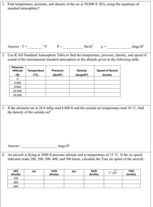 Solved 1. Find temperature, pressure, and density of the air