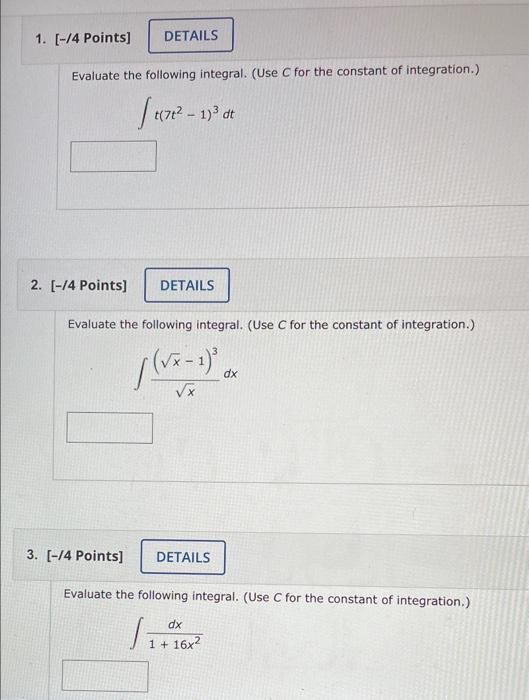 Solved 1. [-/4 Points] DETAILS Evaluate the following | Chegg.com