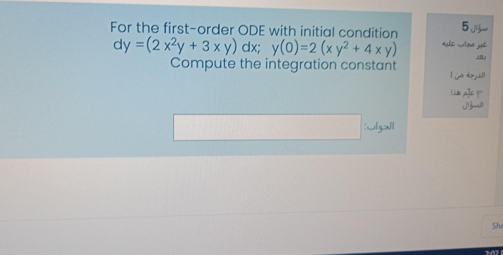 Solved سؤال 5 For the first-order ODE with initial condition | Chegg.com