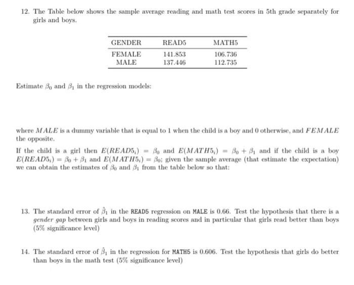 Solved 12. The Table below shows the sample average reading | Chegg.com