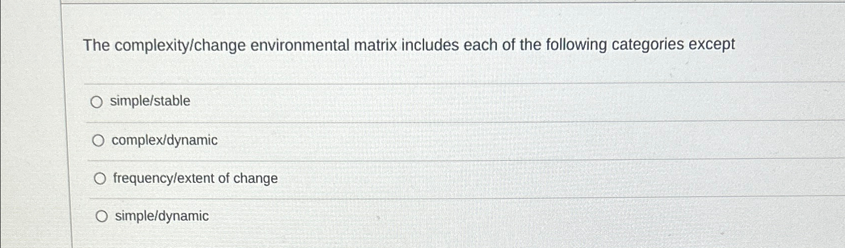 Solved The complexity/change environmental matrix includes | Chegg.com