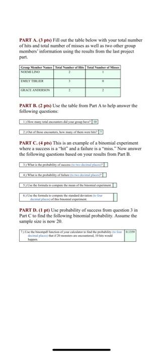 Solved PART A. ( 3 pts) Fill out the table below with your | Chegg.com