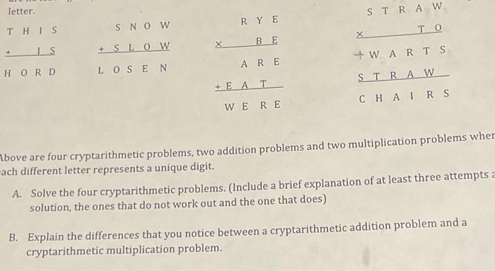 Solved bove are four cryptarithmetic problems, two addition | Chegg.com