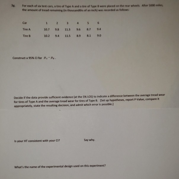 Tire Math Question Solved 38. For each of six test cars, a tire of Type A and a | Chegg.com