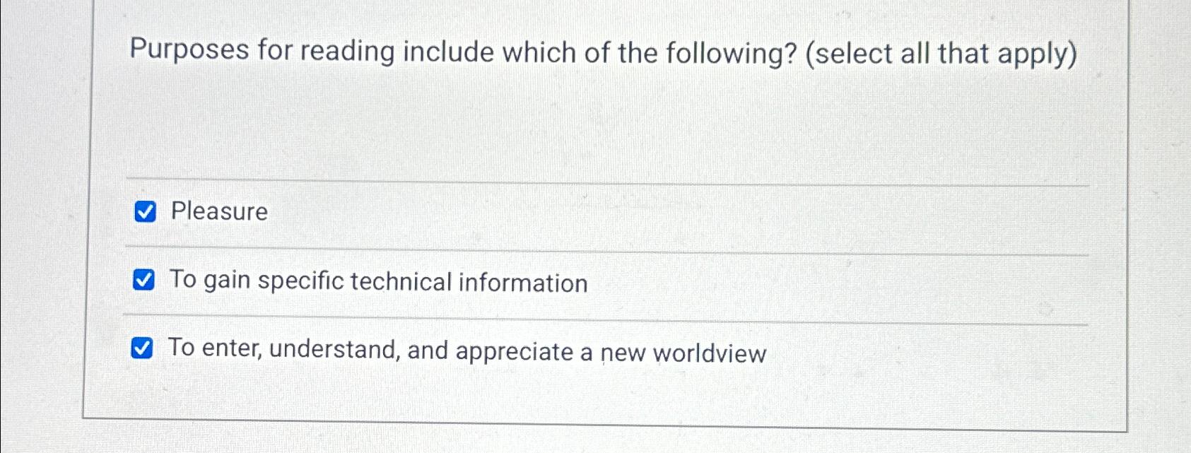 Solved Purposes for reading include which of the following? | Chegg.com