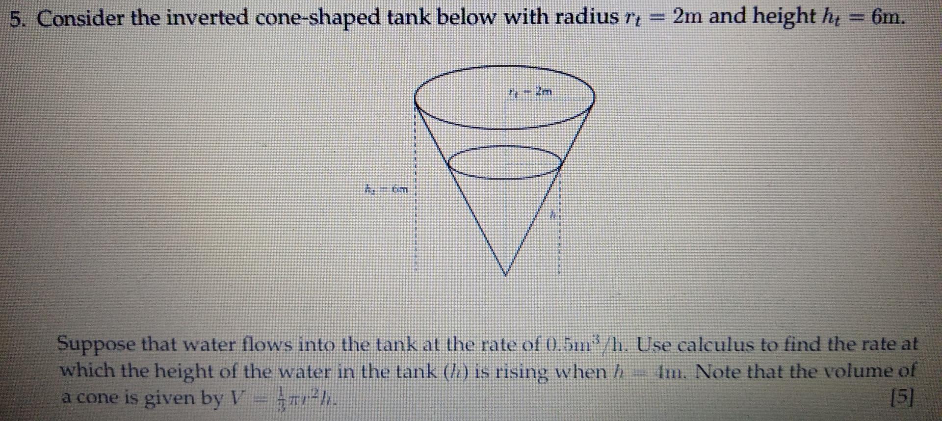 Solved 5. Consider the inverted cone-shaped tank below with | Chegg.com