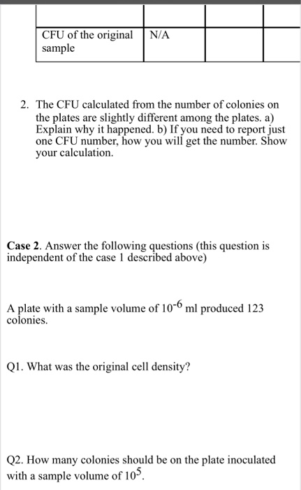 Solved CFU of the original NA sample 2. The CFU calculated | Chegg.com