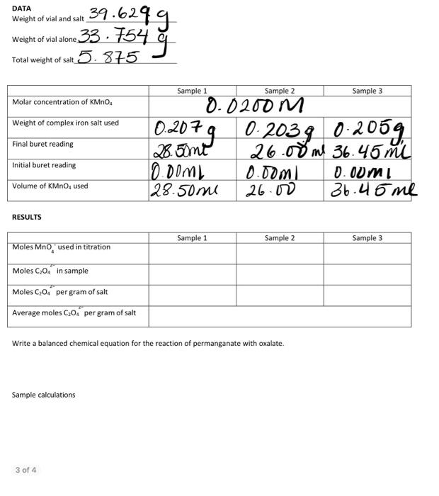 RESULTS Write a balanced chemical equation for the | Chegg.com