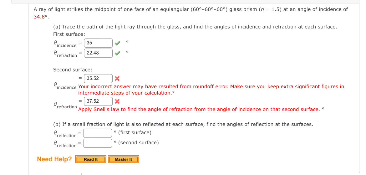 Solved A ray of light strikes the midpoint of one face of an | Chegg.com
