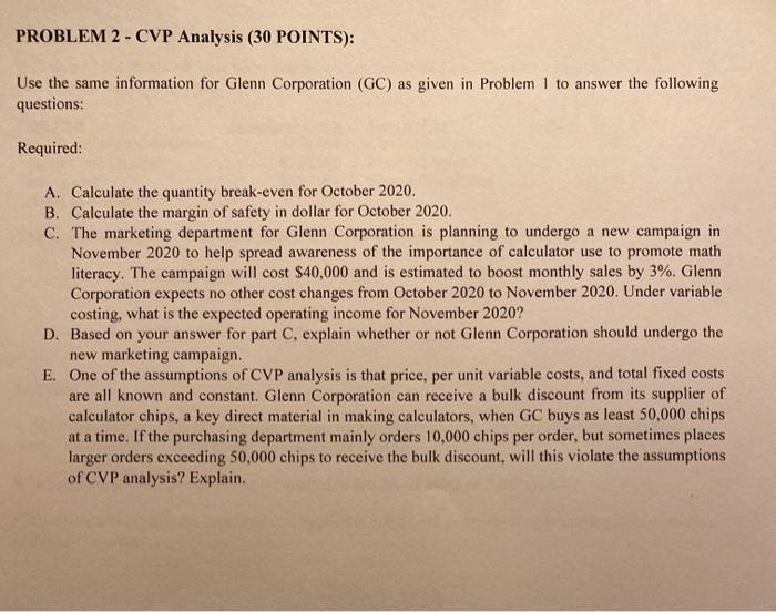 Solved PROBLEM 2 - CVP Analysis (30 POINTS): Use the same | Chegg.com