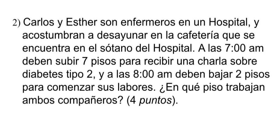 2) Carlos y Esther son enfermeros en un Hospital, y acostumbran a desayunar en la cafetería que se encuentra en el sótano del