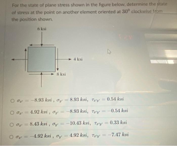 Solved For the state of plane stress shown in the figure | Chegg.com