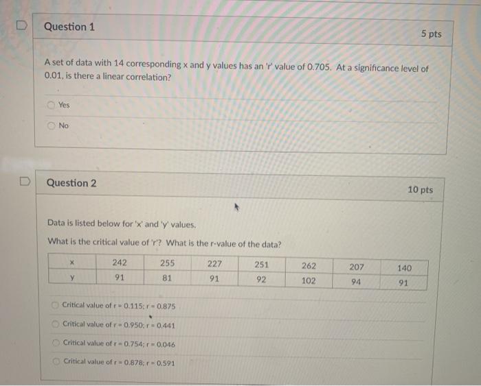 Solved Question 1 5 pts A set of data with 14 corresponding | Chegg.com