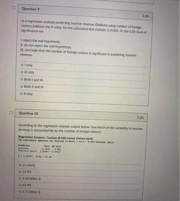 Solved D Question 9 1 pts In a regression analysis | Chegg.com