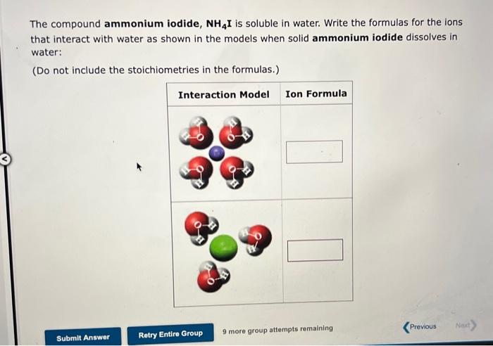 The compound ammonium iodide, NH4I is soluble in water. Write the formulas for the ions
that interact with water as shown in 