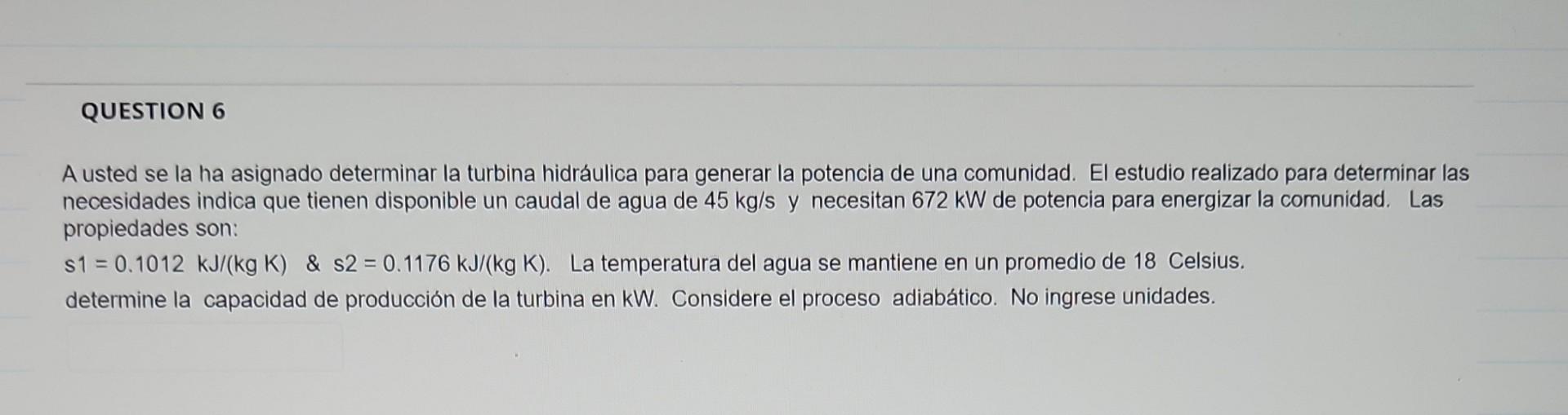 A usted se la ha asignado determinar la turbina hidráulica para generar la potencia de una comunidad. El estudio realizado pa