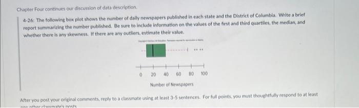 Chapter Four continues our discussion of data description.
4.26: The following bex plot shows the number of dally newspapers 