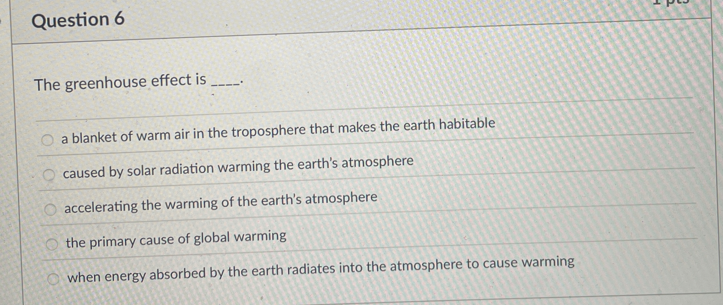 Solved Question 6The greenhouse effect is q,a blanket of