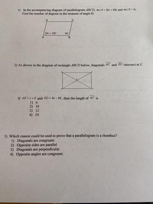 Solved 1) In the accompanying diagram of parallelogram ABCD, | Chegg.com