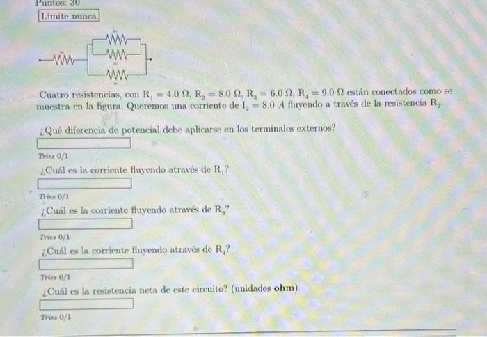 Cuatro resistencias, con \( \mathrm{R}_{4}=4.0 \Omega, \mathrm{R}_{2}=8.0 \Omega, \mathrm{R}_{2}=6.0 \Omega, \mathrm{R}_{4}=9