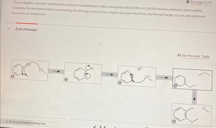 The nucleophilic aromatic substitution reaction of a halobenzene with a strong base ( \( \mathrm{NaOCH} \) (ia in \( \mathrm{