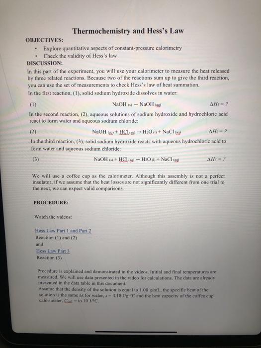 Solved Thermochemistry And Hesss Law Objectives Explore